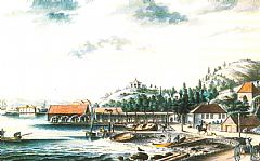 Et av Johan F. Dreiers prospekter fra Store Sandviken møllebruk ca 1820. Bergen Museum.
