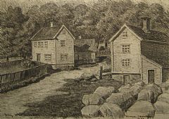 Buekorpshuset til høyre. Huset til venstre ble revet tidlig på 1970 tallet. «Aug. Johannesen» og «Haugen, Sandviken, 1892» står det på tegningen.